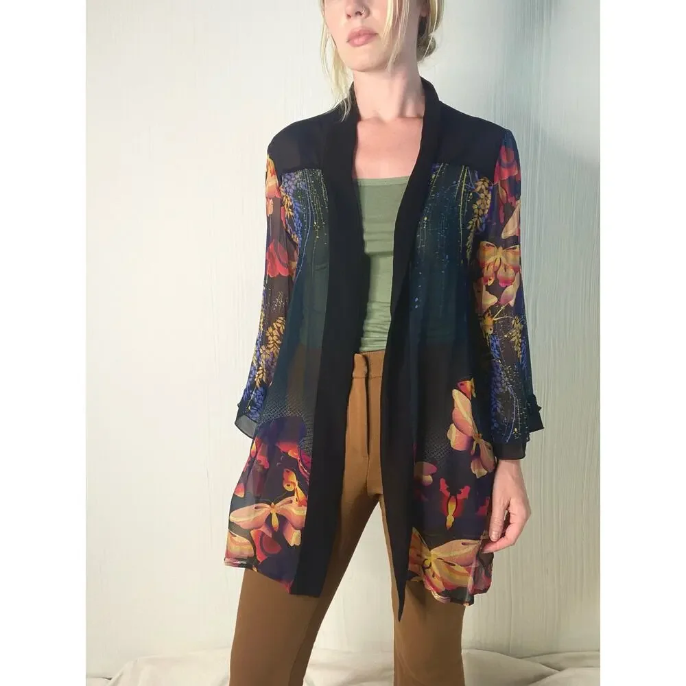 CITRON Black Sheer Silk Kimono Floral Butterflies US MEDIUM - Picture 1 of 15